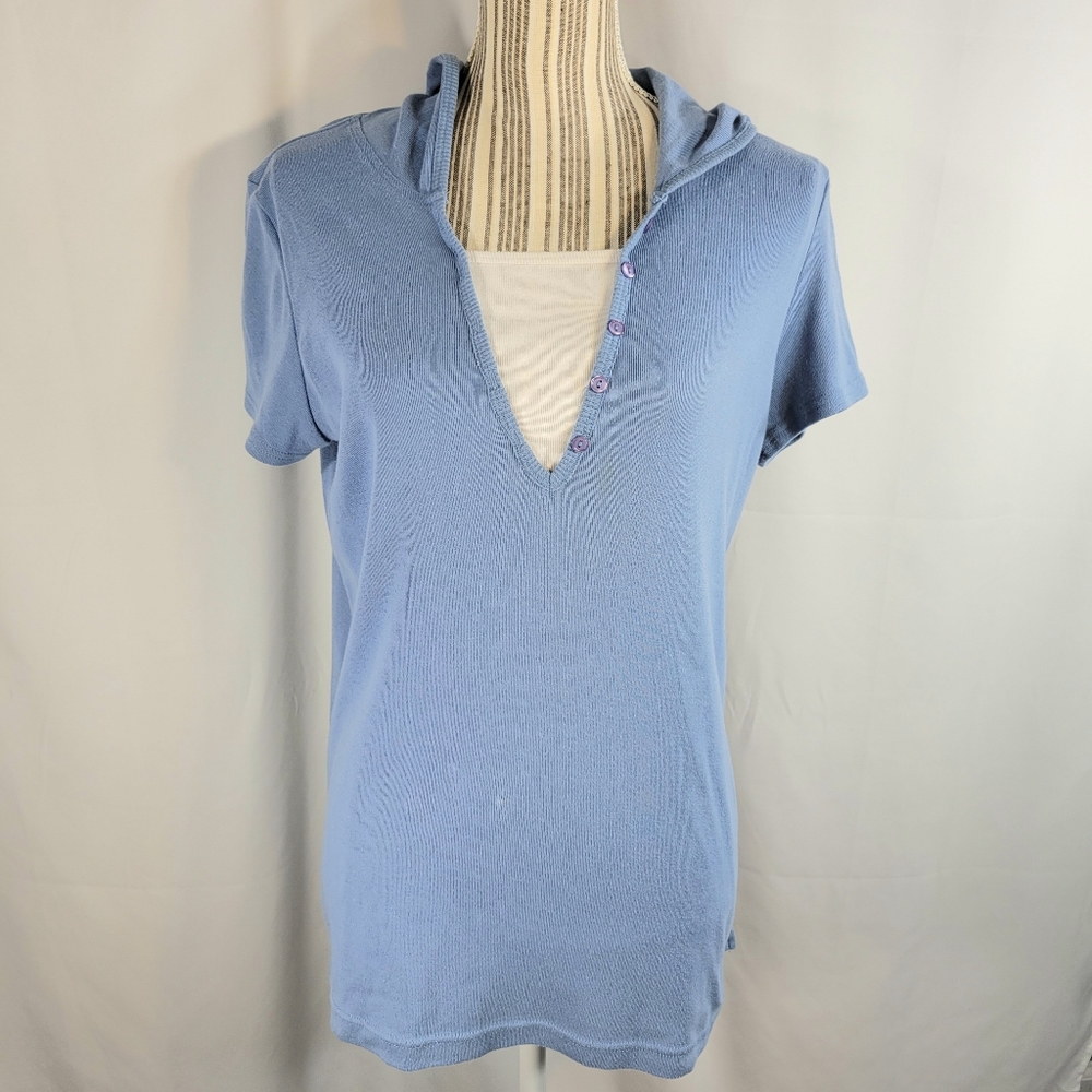 Fashion Bug Blue & White Layered Look Short Sleeve Hoodie Plus Size 14/16W - Picture 2 of 8